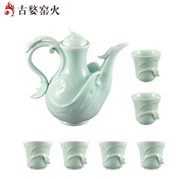 古婺窯火 婺州瓷 酒·器 飛凰騰達酒具一壺六杯玉青堆雕 禮盒包裝 飛凰騰達酒具