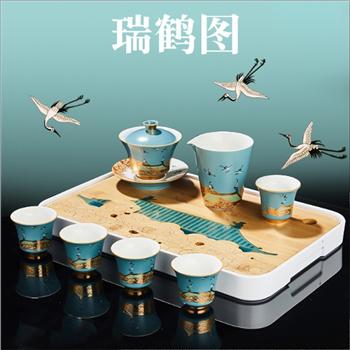容山堂瑞鶴圖竹制茶盤彩繪雕刻小茶臺大干泡盤儲水式創(chuàng)意茶席茶具