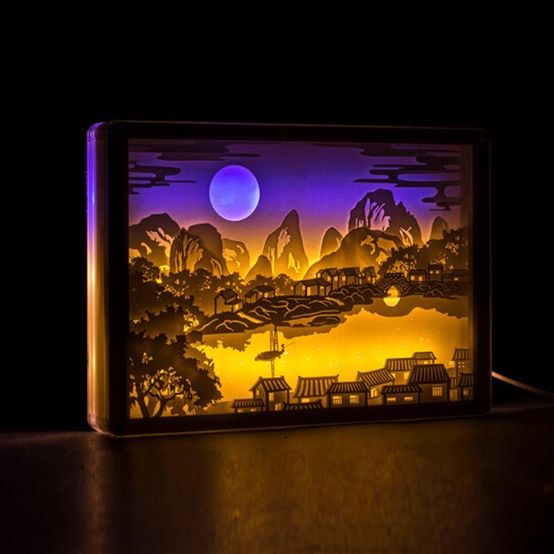 春江花月夜3D立體光影紙雕燈小夜燈情人節(jié)生日禮物送男女朋友創(chuàng)意禮物彩色小夜燈立體風(fēng)景畫 春江花月夜 遙控開關(guān)