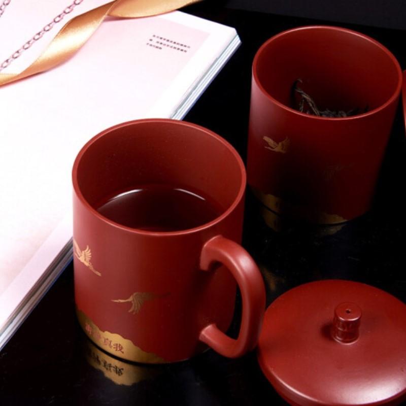 清樸堂-祥和紫砂茶杯套裝 黃龍山原礦紫砂杯 醒茶器 描金工藝 商務定制禮品 辦公套裝=