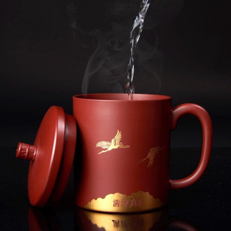 清樸堂-祥和紫砂茶杯套裝 黃龍山原礦紫砂杯 醒茶器 描金工藝 商務定制禮品 辦公套裝=