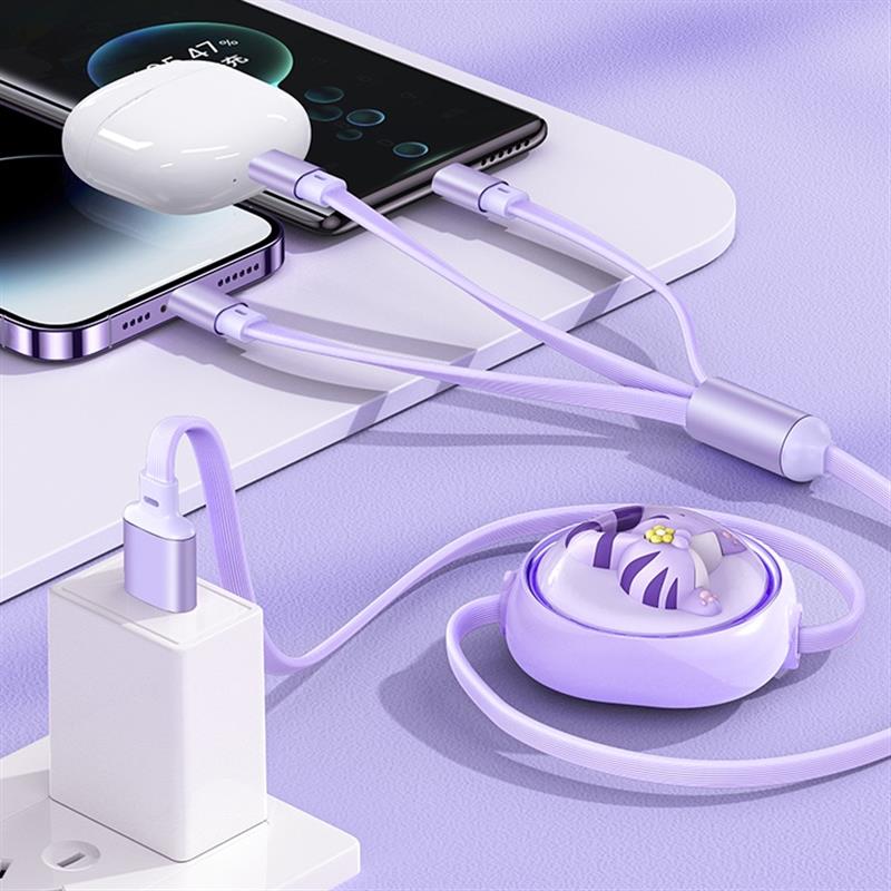 數(shù)據(jù)線三合一充電線一拖三快充三頭適用蘋果華為小米iPhone卡通Typec手機(jī)伸縮66W送定制logo禮品
